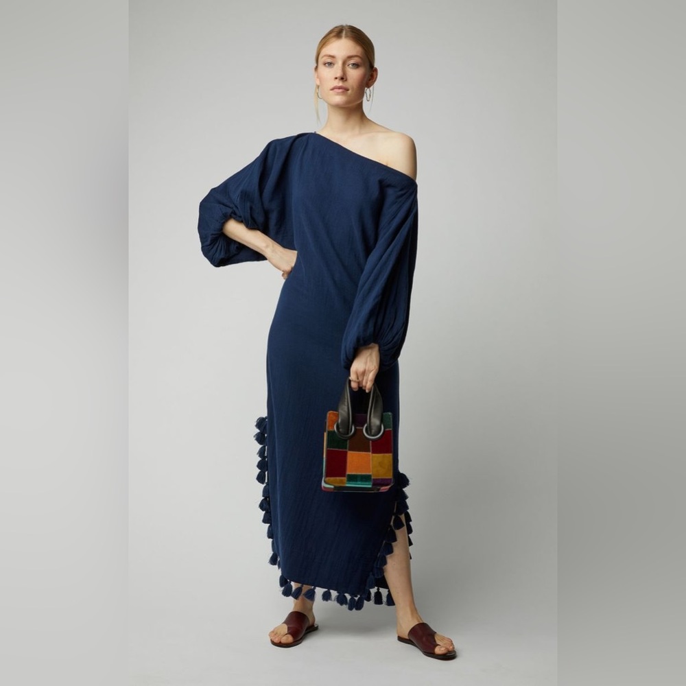 RHODE Resort Delilah Pom Pom Caftan Midi Dress 100% Cotton In Navy Blue Size S